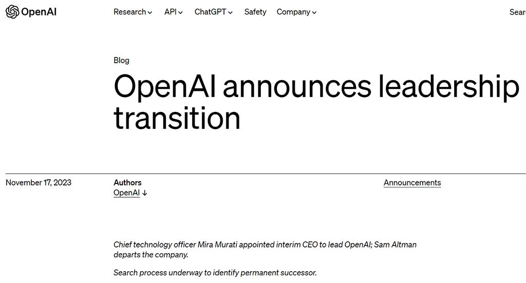 OpenAI announcement for firing CEO, Sam Altman