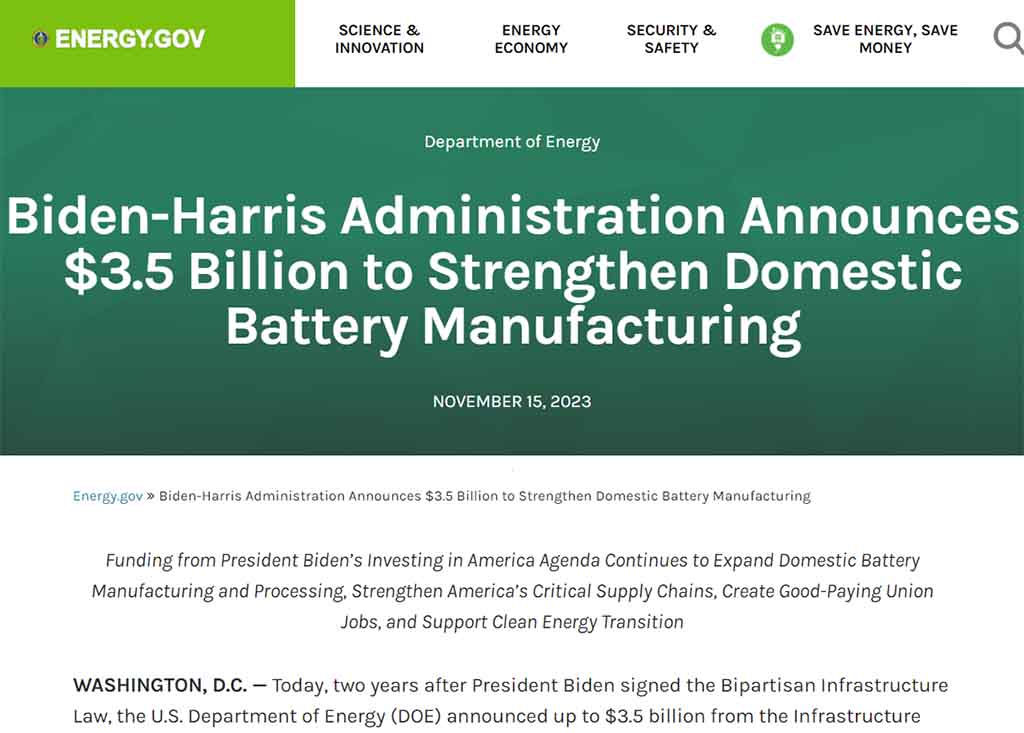 US Energy Department $3.5 billion battery