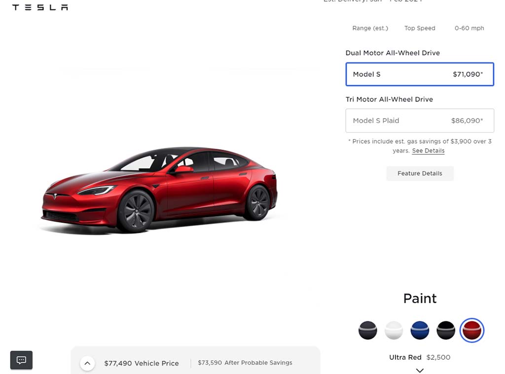 Tesla Model S official website listing with color paint options