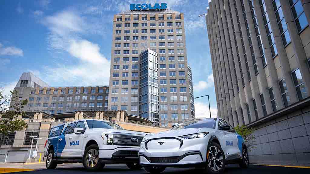 Ford F-150 Lightning Pro truck and Ford Mustang Mach-E SUV at Ecolab headquarters