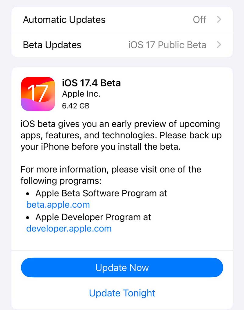 Apple iOS 17.4 public beta