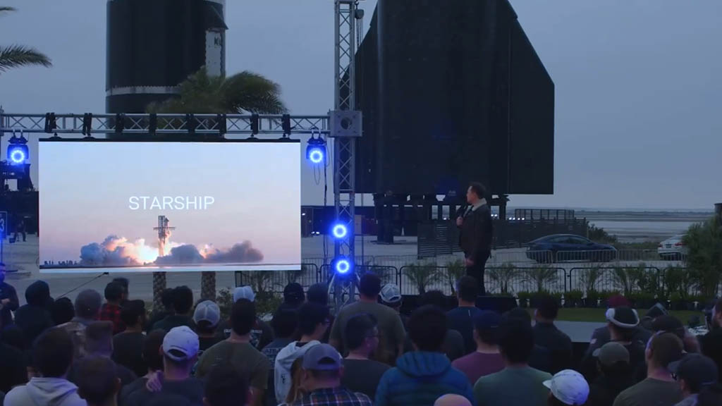 SpaceX Founder and CEO Addressing Starship Missions at Annual SpaceX meeting with employees at Starbase