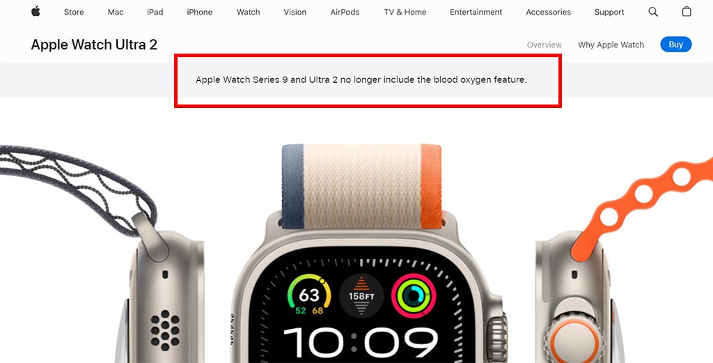 Apple Watch Ultra 2 Website Page Notifies Customers about the removal of blood oxygen feature
