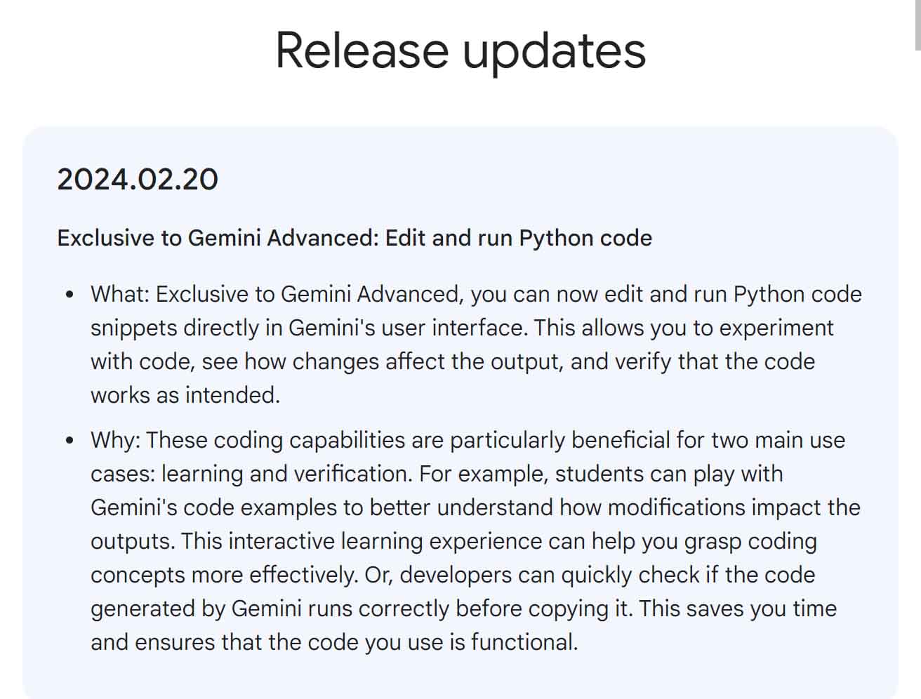 Gemini AI Update to enable Running and Editing Python Code after February 20, 2024 update