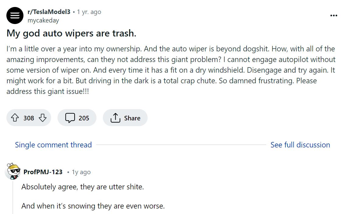 Reddit users sharing issues found in Tesla's auto wiper