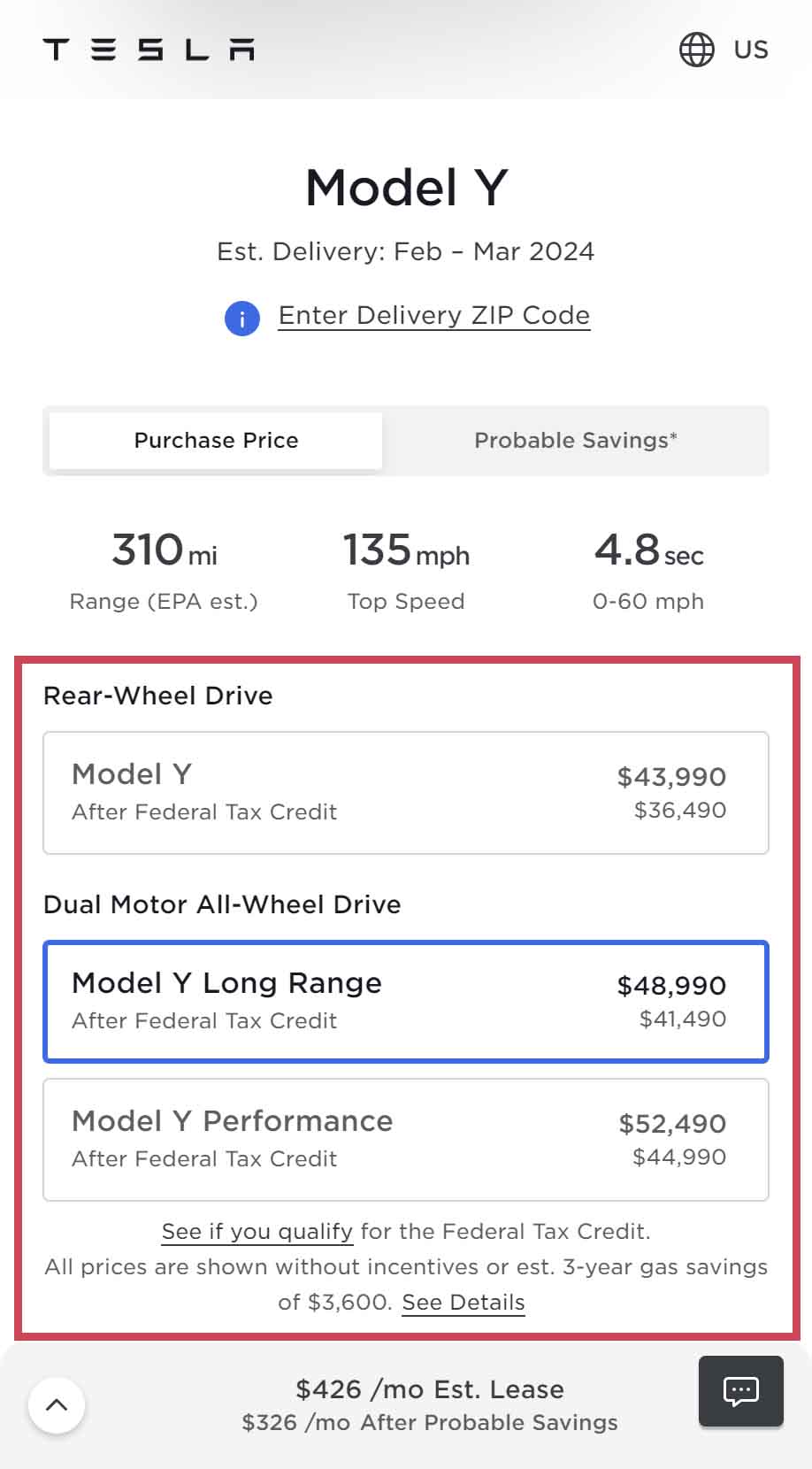 Tesla showing after federal tax credit prices