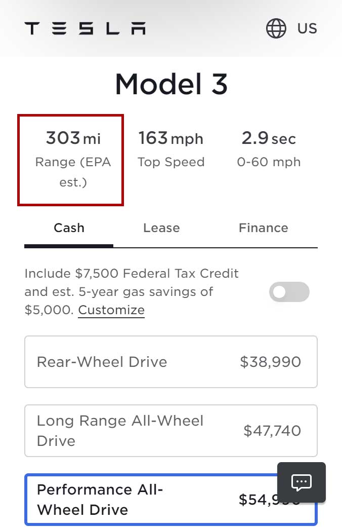 Tesla Model 3 Performance EPA Range