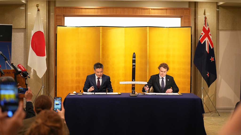 Rocket Lab Founder and CEO Peter Beck, Synspective founder and CEO Motoyuki Arai signing agreement for 10 Electron Rocket launches