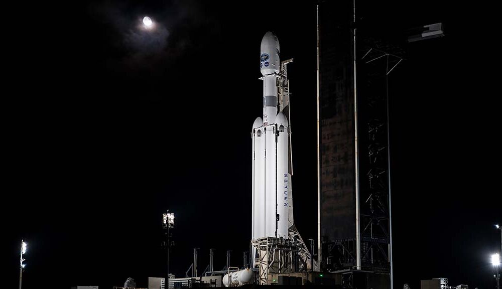 SpaceX Falcon Heavy Standing Vertical On Launch Pad