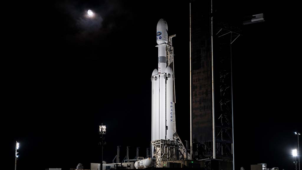 SpaceX Falcon Heavy Standing Vertical On Launch Pad