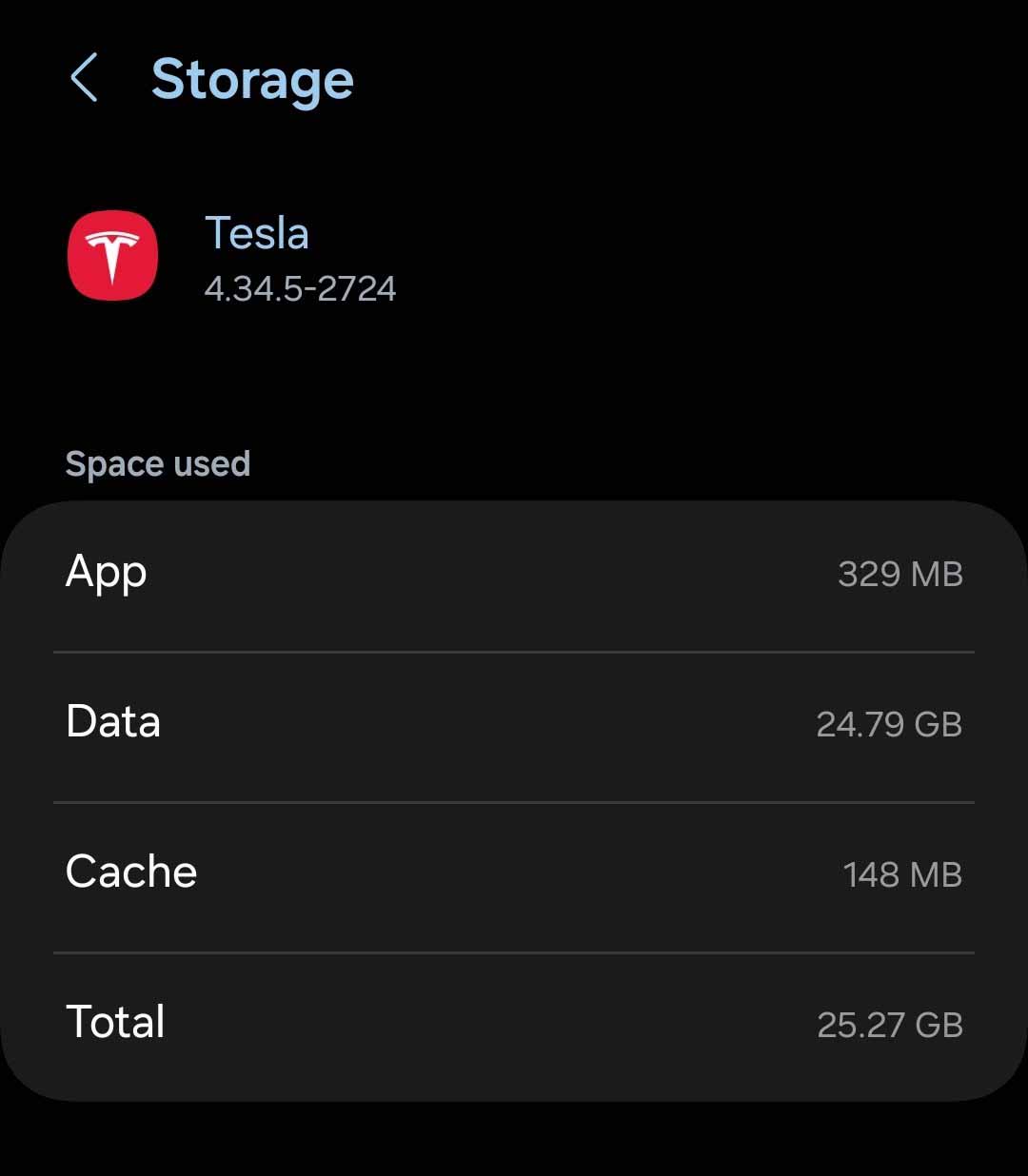 Tesla app GBs storage