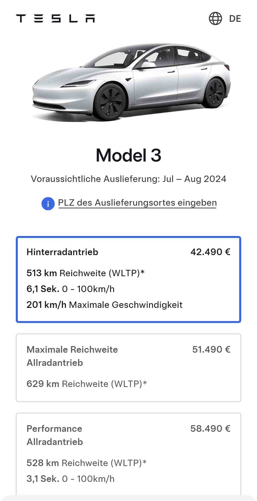 Tesla Model 3 Price Europe July 2024