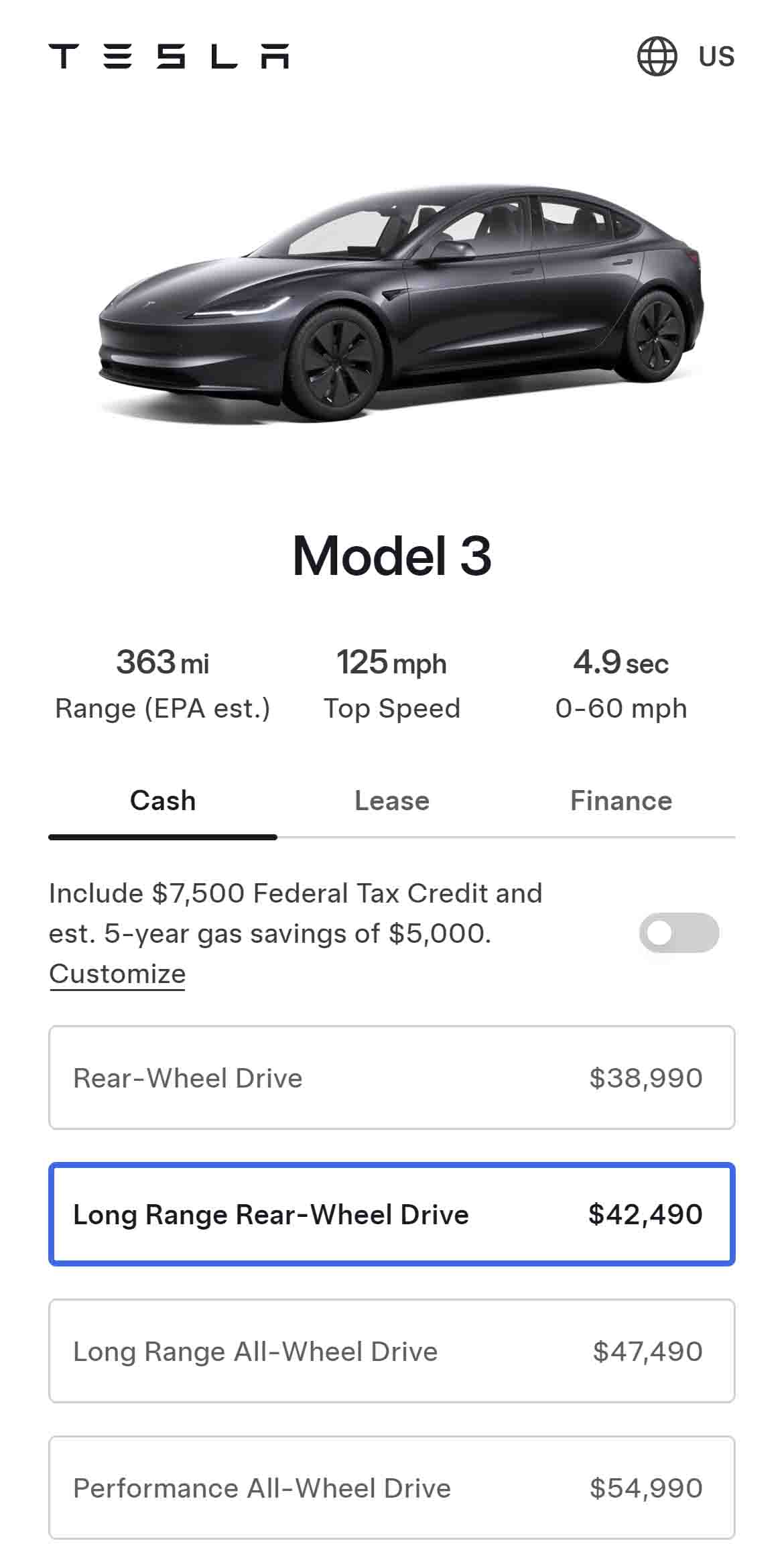 Tesla Model 3 RWD Long Range Price