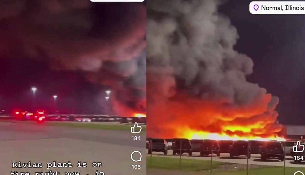 Fire at Rivian Normal, Illinois Manufacturing parking lot (Source - EVguyZach/X)