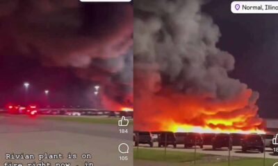 Fire at Rivian Normal, Illinois Manufacturing parking lot (Source - EVguyZach/X)