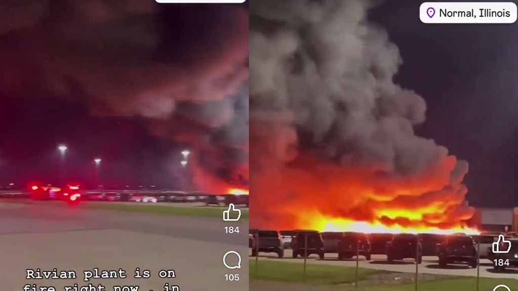 Fire at Rivian Normal, Illinois Manufacturing parking lot (Source - EVguyZach/X)