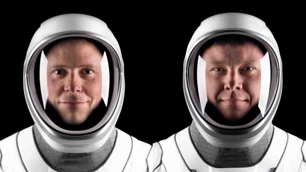 NASA astronaut Nick Hague (left) and Roscosmos cosmonaut Aleksandr Gorbunov pose for portraits in their flight suits at SpaceX headquarters in Hawthorne, California