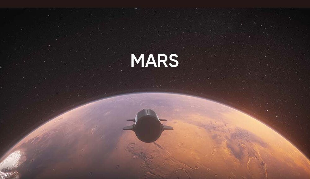 SpaceX Starship flying through Mars