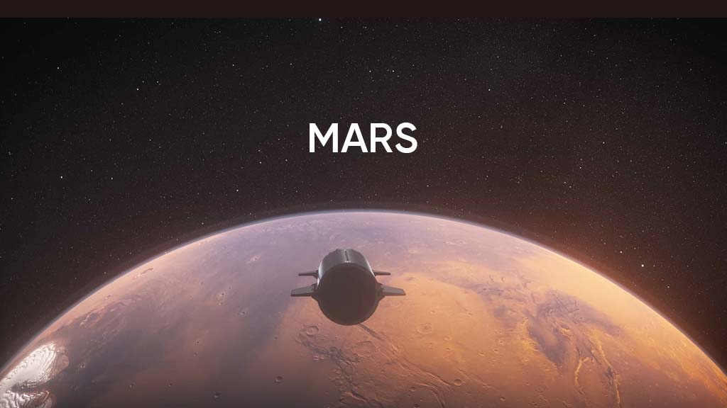 SpaceX Starship flying through Mars