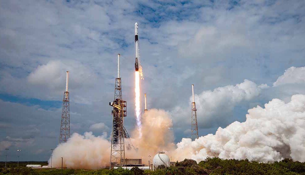 SpaceX Falcon 9 rocket lifting off from Space Launch Complex 40 at Cape Canaveral Space Force Station in Florida with Crew-9 mission