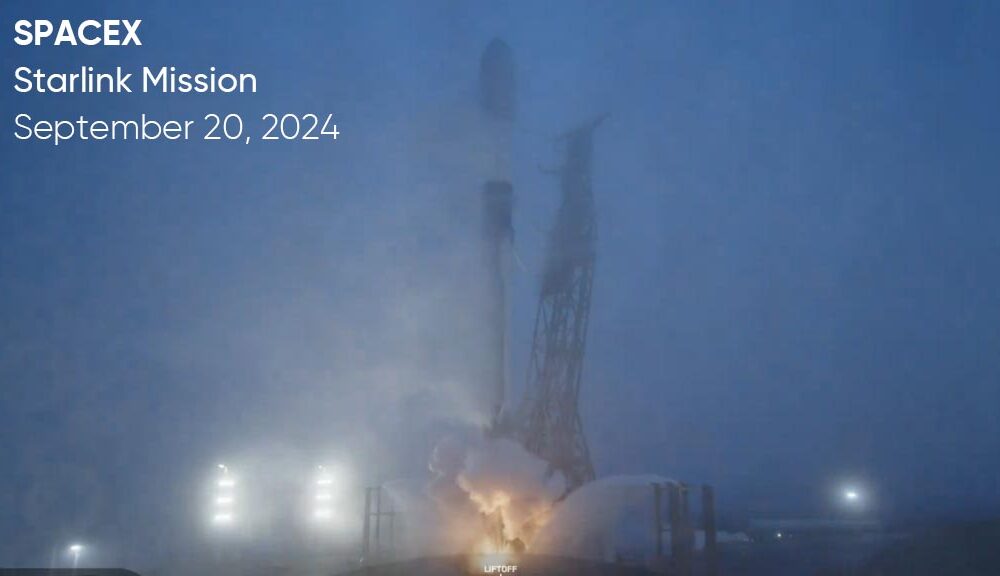 SpaceX Falcon 9 rocket engine ignition for liftoff from Space Launch Complex 4 East at Vandenberg Space Force Base in California on September 20, 2024