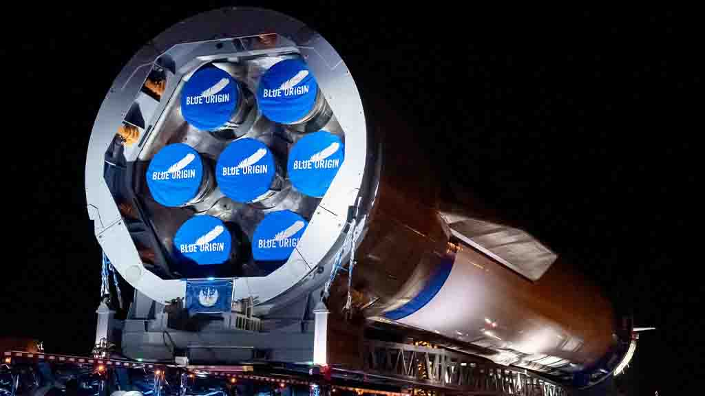 Blue Origin New Glenn first stage rolling out to launch pad