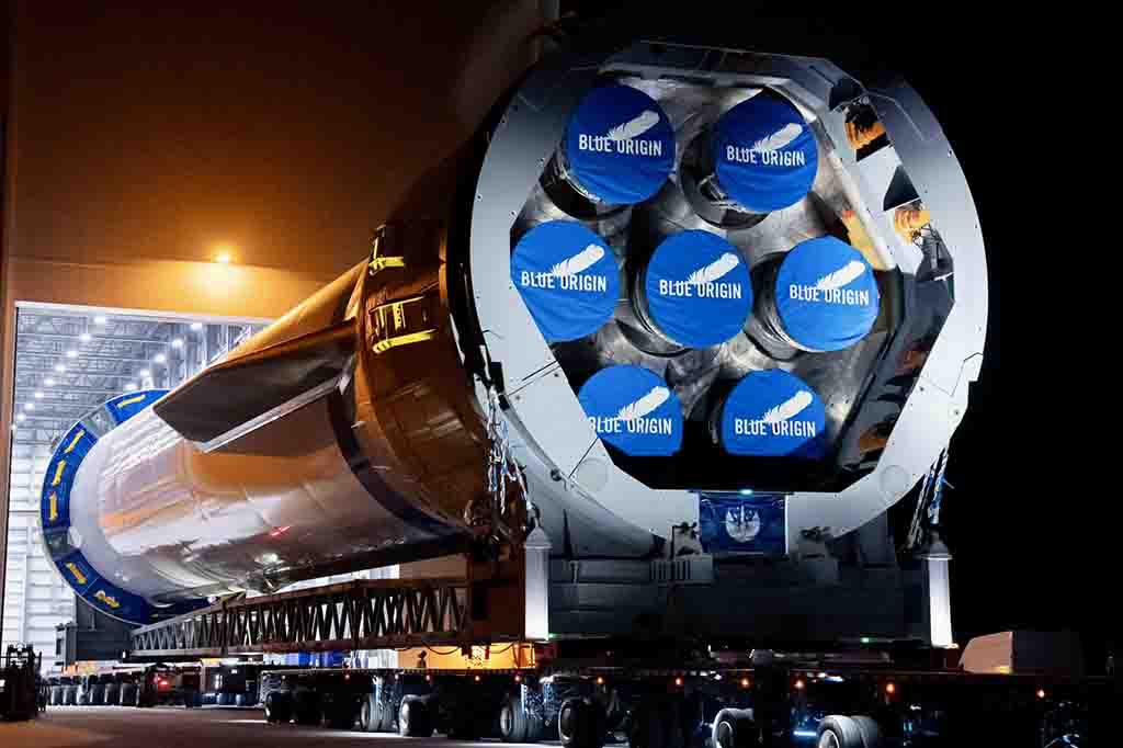 Blue Origin New Glenn first stage rolling out to launch pad