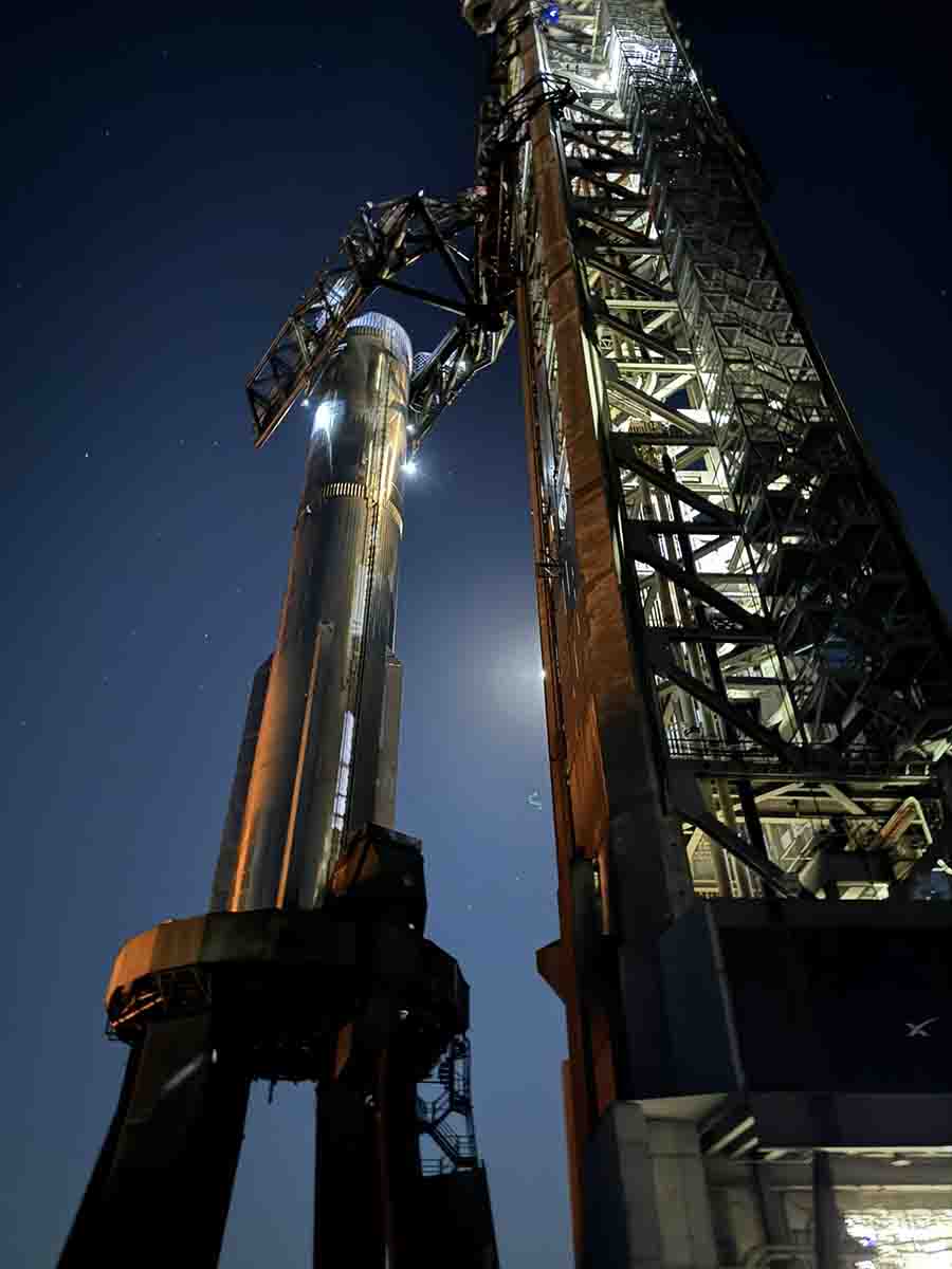 Starship Launch Tower mounted Booster on the launch pad