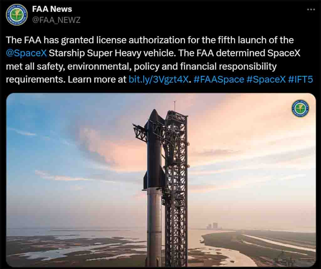 FAA granted license for SpaceX Starship Flight 5