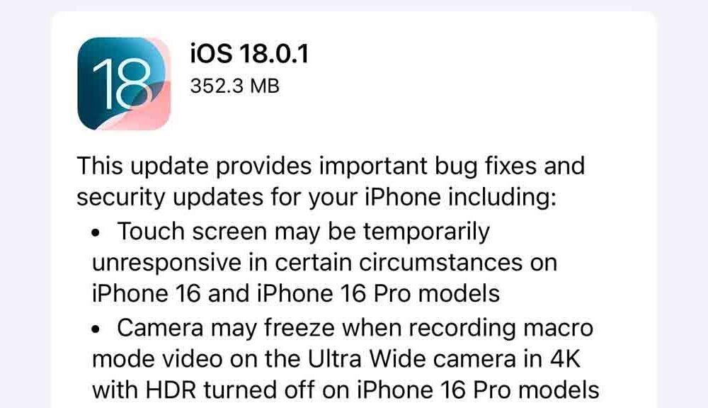 iOS 18.0.1 with bug fixes