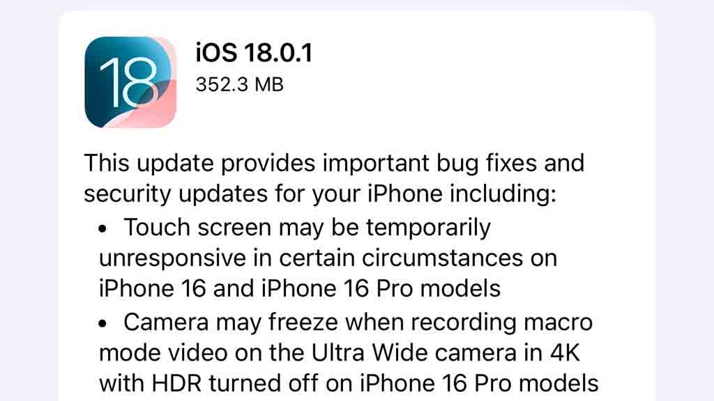 iOS 18.0.1 with bug fixes