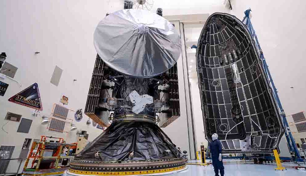 Europa Clipper spacecraft encapsulated inside SpaceX Falcon Heavy's payload fairing