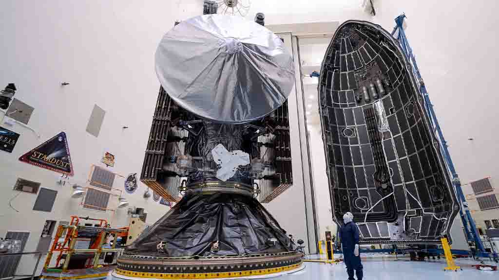 Europa Clipper spacecraft encapsulated inside SpaceX Falcon Heavy's payload fairing