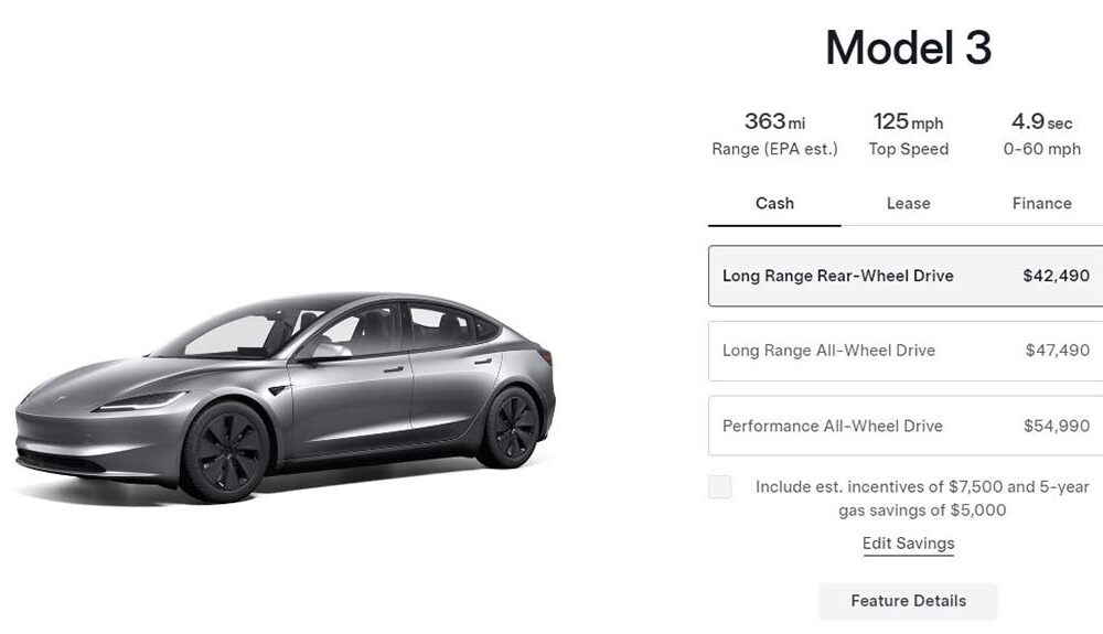 Tesla Model 3 Listing for US