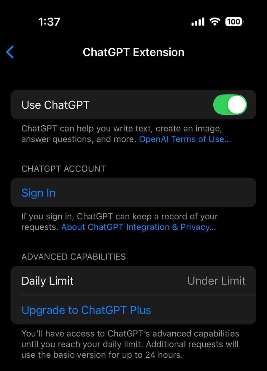 iOS 18.2 ChatGPT limit