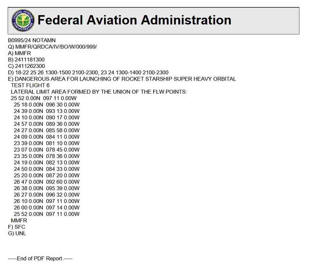 SpaceX Starship 6 mid-November launch FAA NOTAM